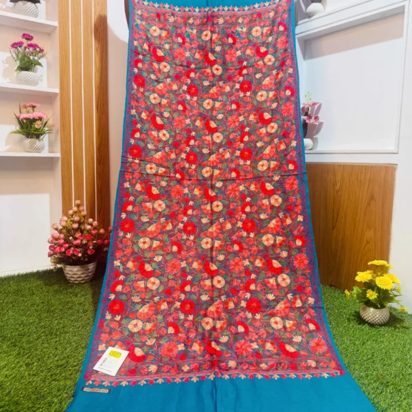 Azure Blue Kashmiri Shawl with heavy red floral Jaal embroidery - KS663