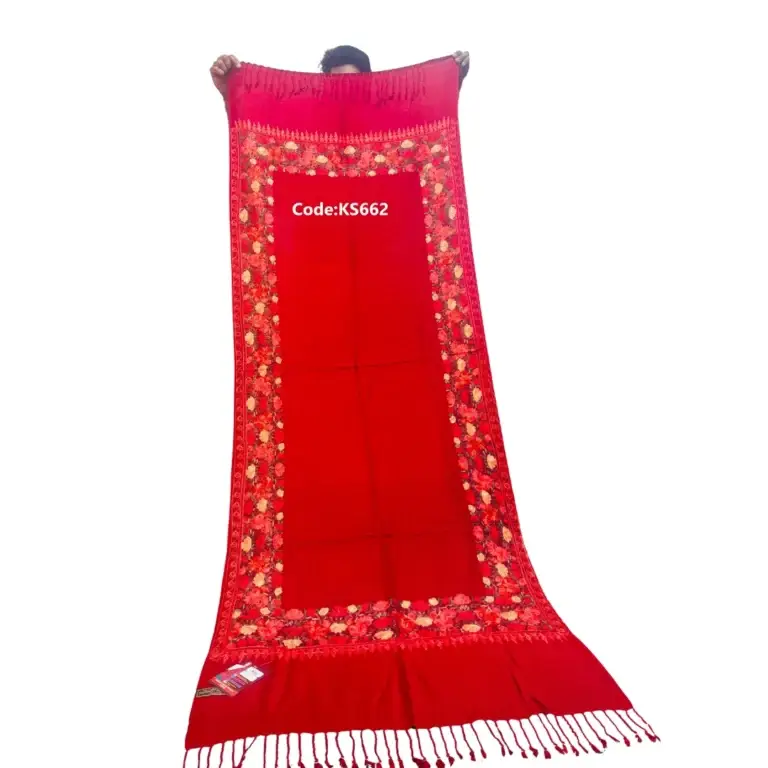 Full length view of Red Wool Shawl KS662 showing solid center and border