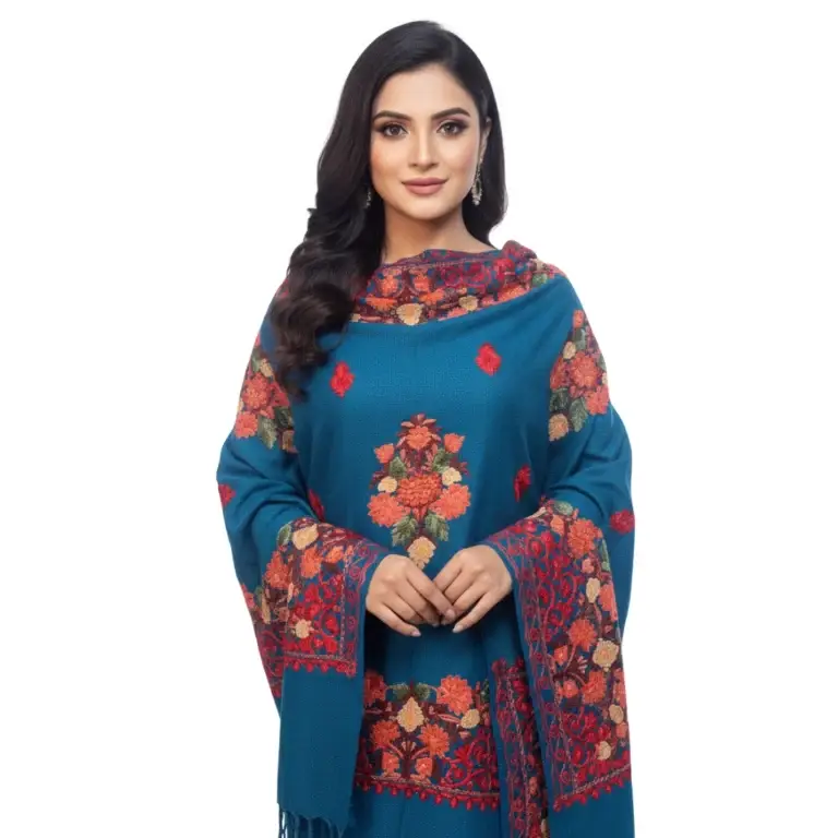 Real Blue Kashmiri Shawl with red floral border and central medallions - KS674