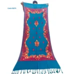 Vertical view of Petrol Blue Wool Shawl KS674 showing center flower bunches