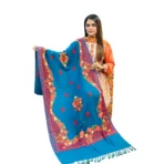 Woman holding Kashmiri Medallion Shawl blue color KS674