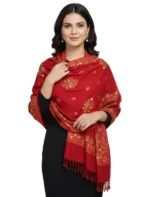 Woman holding traditional red Kashmiri Shawl code KS664